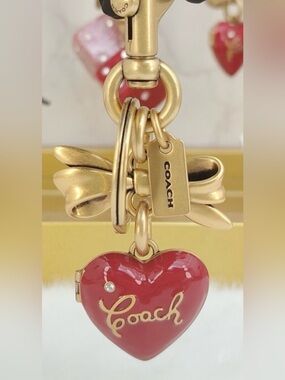Coach Gold Bow and Red Heart Locket Charm Keychain
